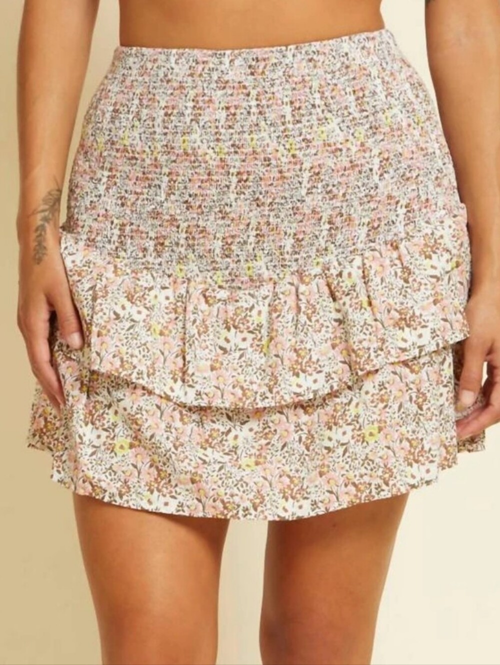 NATION Ltd smocked floral ruffle mini skirt